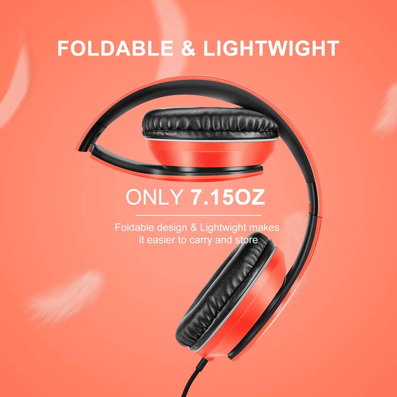LORELEI X6 Over-Ear Headphones with Microphone, Lightweight Foldable & Portable Stereo Bass Headphones with 1.45M No-Tangle,Wired Headphones for Smartphone Tablet MP3 / 4 (Vitality Orange) - Image 3